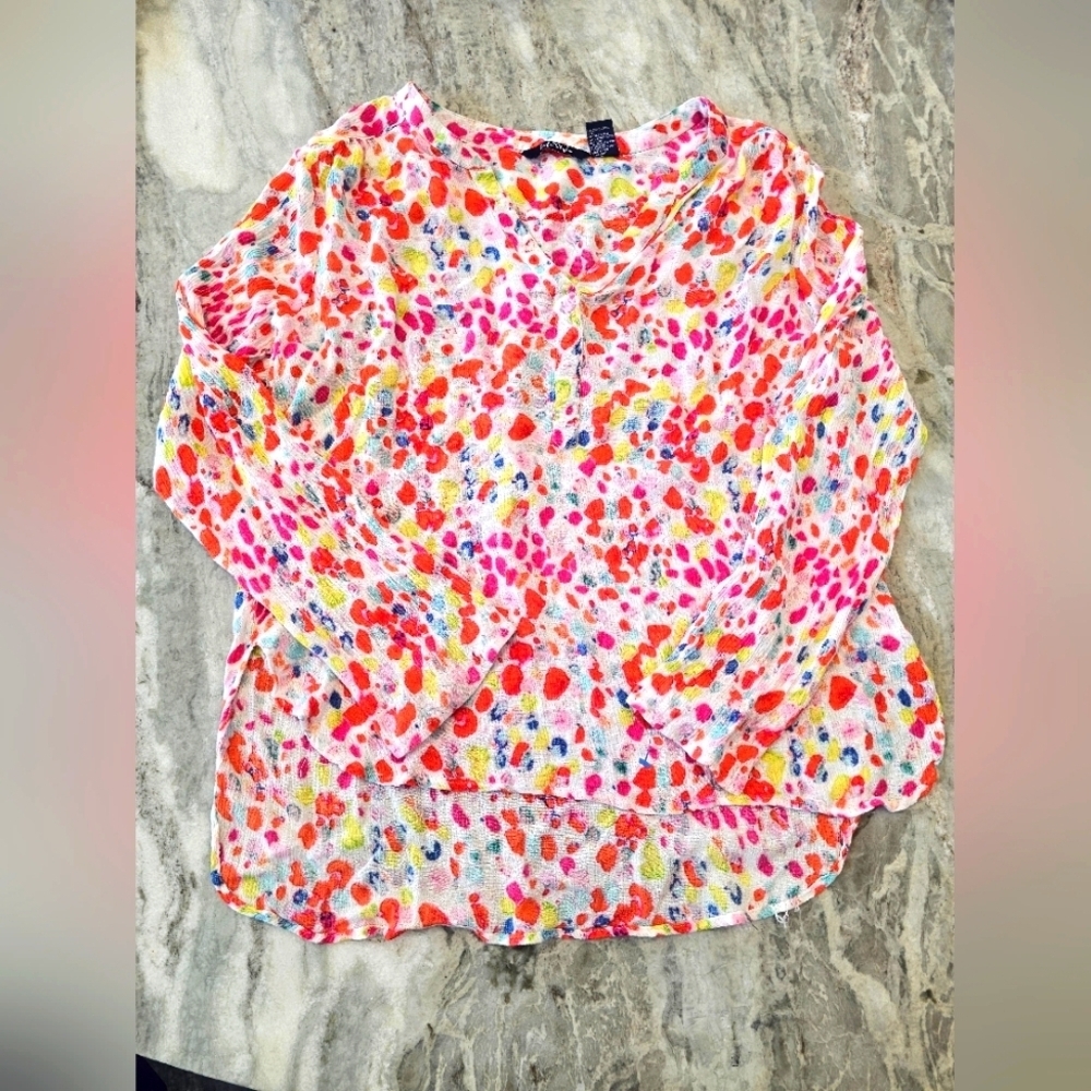 Life STYLE Kibe Style Multicolor Crinkle Blouse M V-Neck Long Sleeve Boho Top